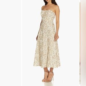 Adrianna Papell Strapless Floral Dress in Cream and Gold